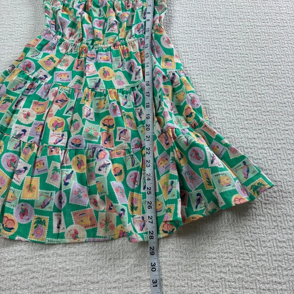Copper Key Girls Med 10/12 Green Postage Stamp Smocked Tiered Dress Linen Blend